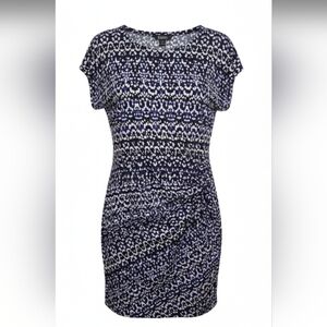 Nicole Miller tie side cap sleeve black blue white abstract print dress size L